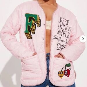 First Row Pink Quilted Jacket with Graphic Patches